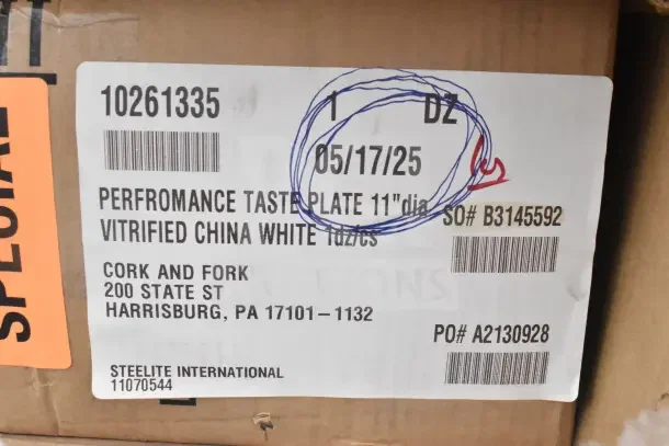 Label showing details for Performance Taste Plate, Vitrified China, 11" diameter, from Steelite International. Includes date 05/17/25.