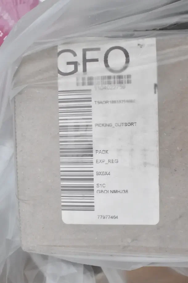 Barcode label on boxed item, labeled "GFO", showing dimensions 9x6x4, part of a set of 10 new scratch and dent items.