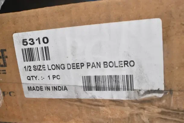 Label on a box reading "5310, 1/2 Size Long Deep Pan Bolero, Qty: 1 PC, Made in India" indicates item details and origin.