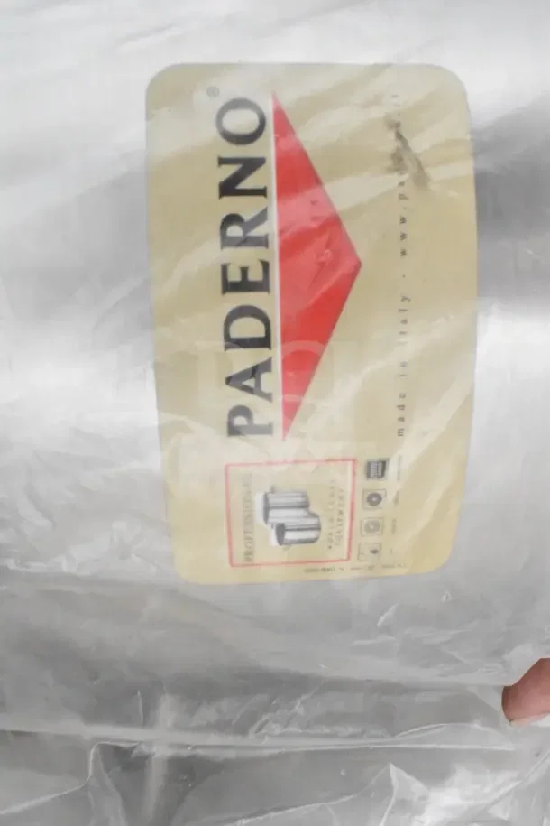 "Brand new Paderno cookware set, includes pots and deep pans, minor scratches, labeled 'Made in Italy,' professional quality."