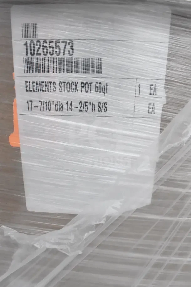 Plastic-wrapped label showing Elements 60qt Stainless Steel Stock Pot, dimensions 17-7/10" diameter x 14-2/5" height.