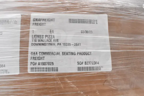 Image showing a wrapped package with a label from G&A Commercial Seating Product. Address: Liones Pizza, Downingtown, PA. Dated 03/30/23.