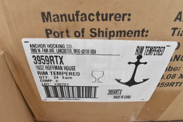 Cardboard box with Anchor Hocking label, model 3959RTX, 16oz rim-tempered Hoffman House glasses, quantity 24, made in China.