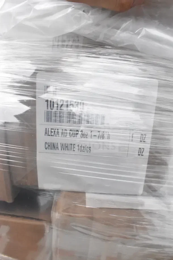 13 new scratch and dent items wrapped in plastic, including Alexa AD Cups. Marked "CHINA WHITE, 1 dz, 36 oz."
