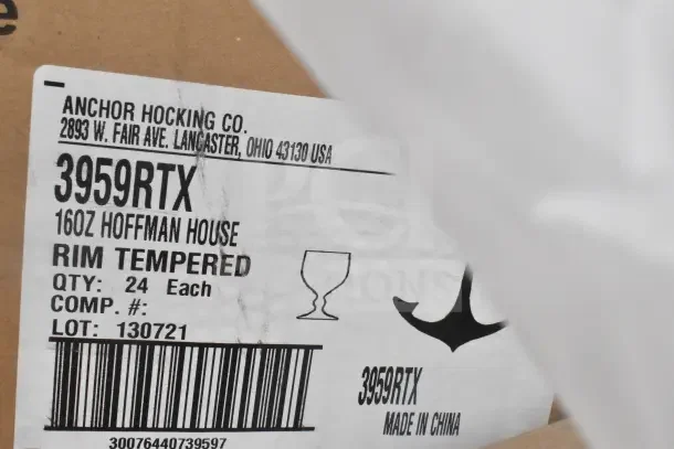 Box label for Anchor Hocking 16oz Hoffman House glasses, model 3959RTX, 24 pieces, rim tempered, made in China.