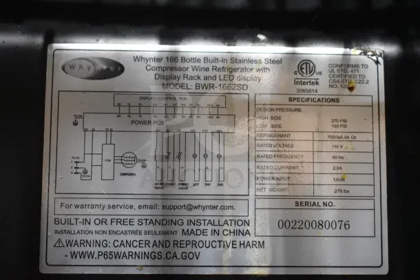 Whynter BWR-1662SD label indicating model, specs, and warnings for a single door wine cooler; 120 volts, 1 phase.