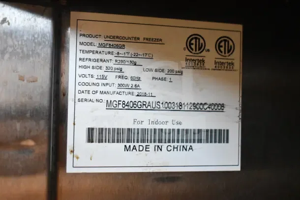 2018 Atosa MGF8406GR, 2-door undercounter cooler, 115V, 1-phase, model label shows temperature range and specifications. Made in China.