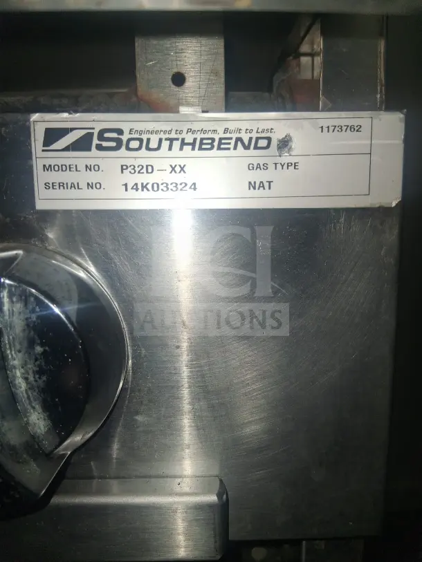 Southbend P32D-XX gas range label showing model, serial number 14K03324, and natural gas type; stainless steel finish.