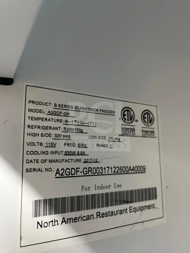 NORTH AMERICAN Precision Series A2GDF double glass door merchandiser freezer label, details specs and model information.