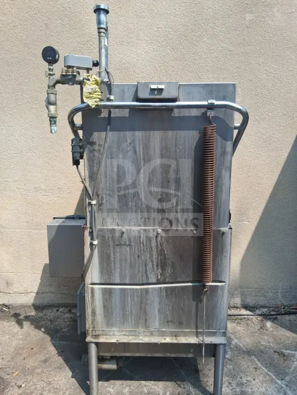 HOBART AM14 commercial dishwasher, stainless steel, high temp model, with visible piping and gauge, used condition.