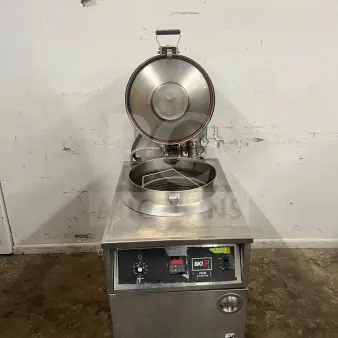 BKI FKM-F 24-inch electric pressure fryer with manual controls, stainless steel, extra-large volume, used condition.