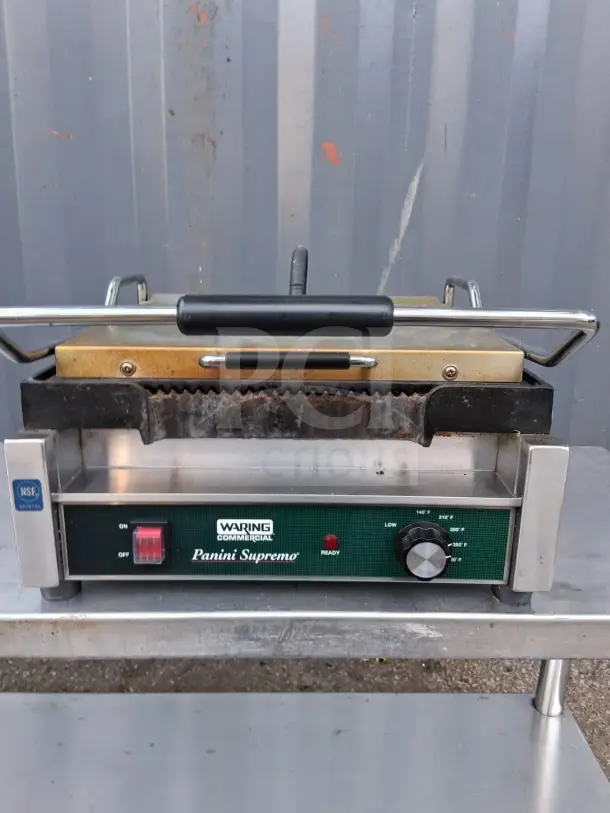 Waring WPG250 Panini Supremo Grill, 14.5"x11", ribbed, with timer, stainless steel, used condition, NSF certified.