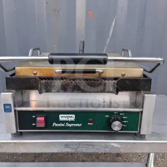 Waring WPG250 Panini Supremo Grill, 14.5"x11", ribbed, with timer, stainless steel, used condition, NSF certified.