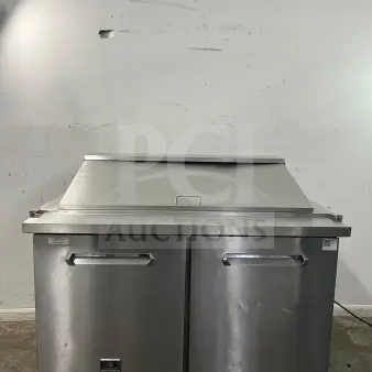 Kelvinator Commercial KCHMT48 48" prep table, refrigerated base, stainless steel, two-door, good condition. Model KCHMT48.