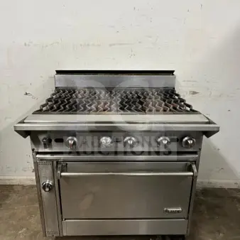 Handcrafted Jade Bistro Series 6-burner charbroiler top with oven range. Commercial grade, stainless steel, excellent condition.