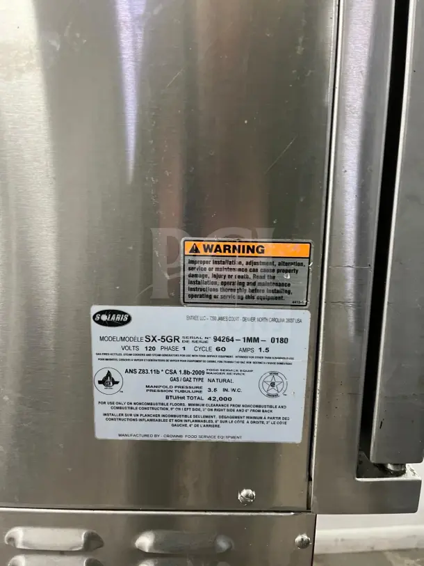 SOLARIS SX-5GR natural gas convection steamer, model details visible, includes cooling racks, 42,000 to 47,000 BTU capacity.