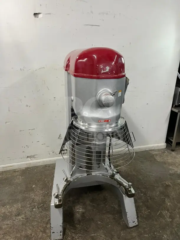 AXIS AX-M80 80 Quart Commercial Planetary Mixer; 4 speed, 4 HP, red and silver, used condition, metal safety guard visible.
