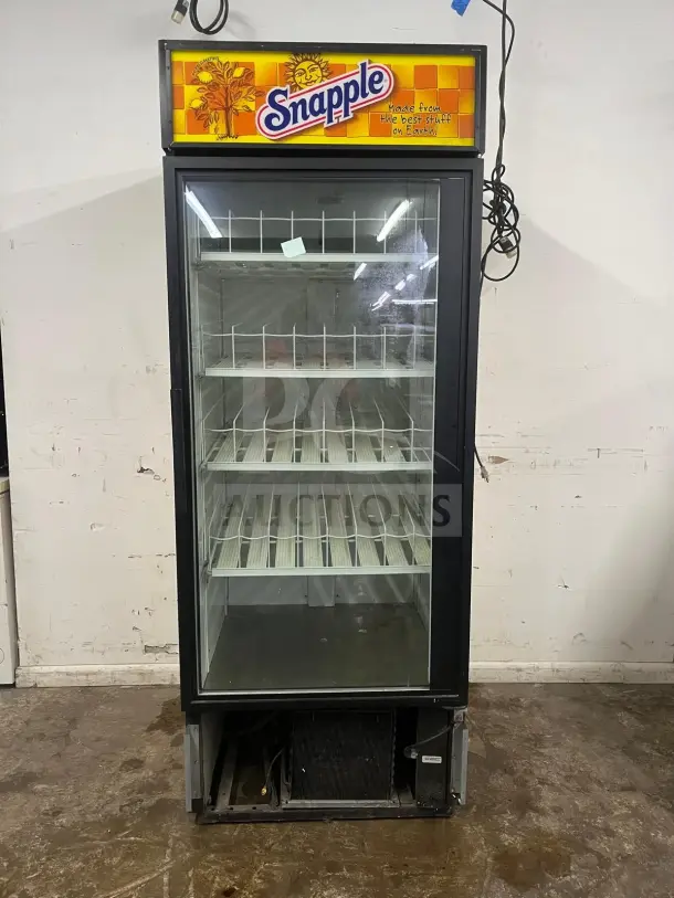TRUE GDM-19T-LD black refrigerated merchandiser, glass door, LED lighting, Snapple branding, includes travel case.