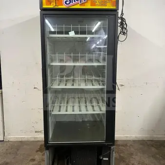 TRUE GDM-19T-LD black refrigerated merchandiser, glass door, LED lighting, Snapple branding, includes travel case.