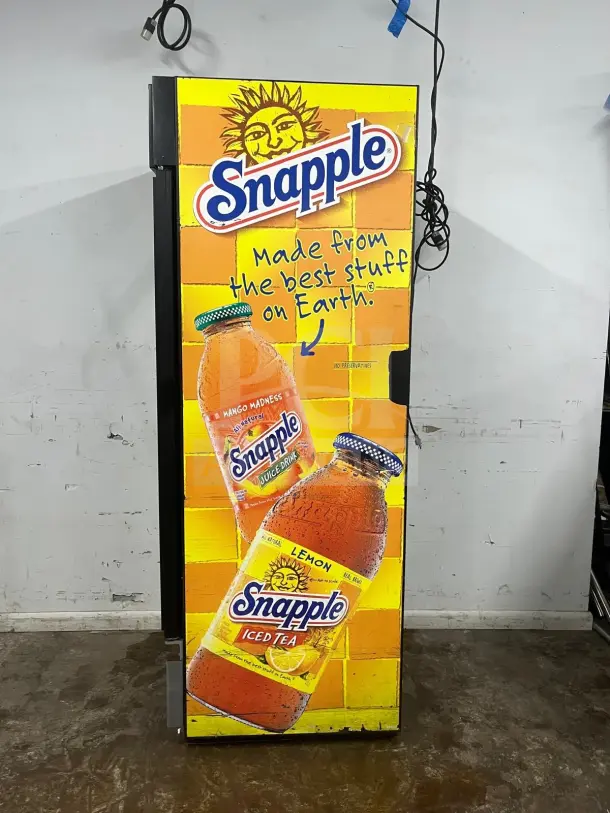 TRUE GDM-19T-LD 27" black refrigerated glass door merchandiser, Snapple branding, LED lighting, with travel case.