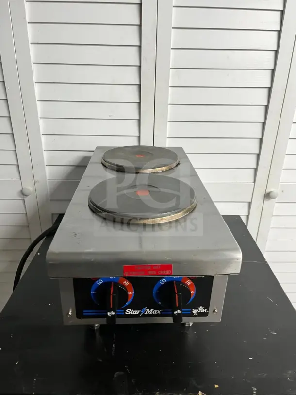Star 602HF Star-Max® 12" electric hot plate, dual burners, temperature dials, durable steel, used condition.