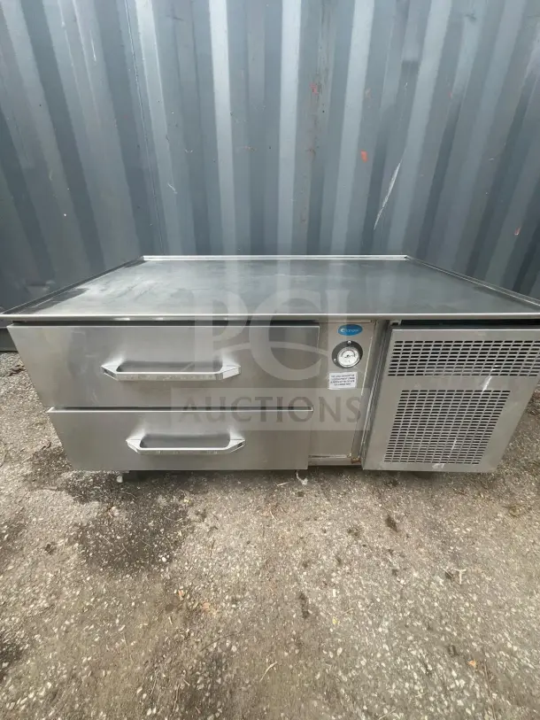 Randell 20048SC 2-drawer refrigerated chef base, stainless steel, self-contained, good condition, visible temperature gauge.