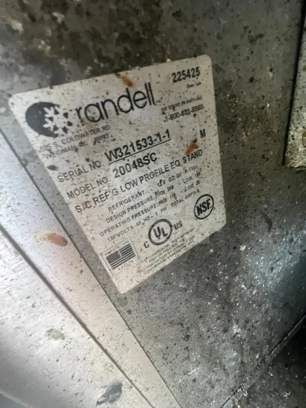 Randell 20048SC Refrigerated Chef Base, model tag visible with specs, serial number W321533-1-1, used condition.