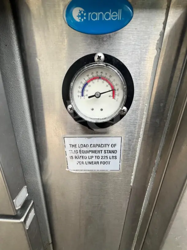 Randell 20048SC two-drawer chef base with temperature gauge and 225 lbs per foot load capacity label, stainless steel.