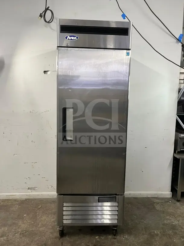 ATOSA MBF8505GR 27-inch stainless steel reach-in refrigerator, 19.1 cu ft, Energy Star, good condition. Model label visible.