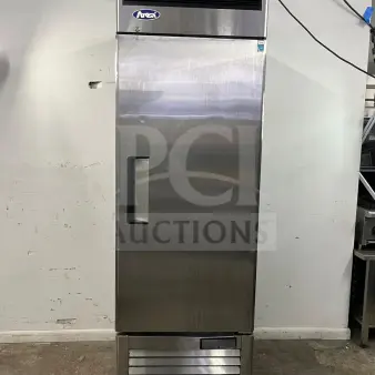 ATOSA MBF8505GR 27-inch stainless steel reach-in refrigerator, 19.1 cu ft, Energy Star, good condition. Model label visible.