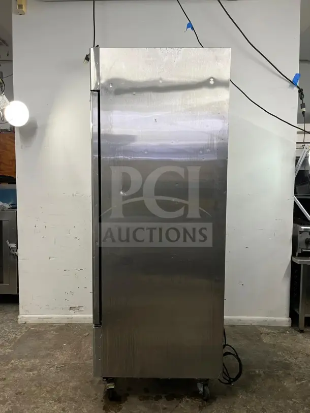 ATOSA MBF8505GR 27" stainless steel refrigerator, 19.1 cu ft, reach-in, Energy Star, visible front panel dents, used condition.