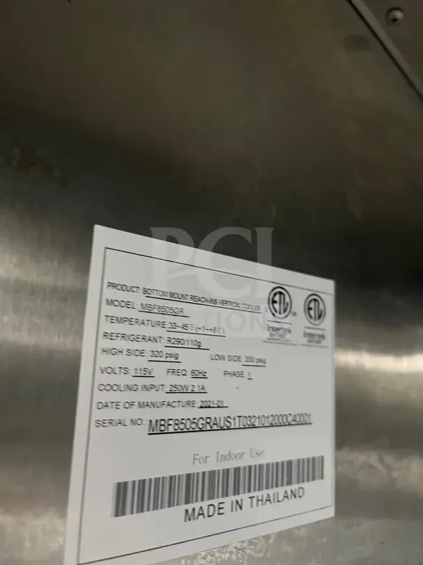 ATOSA MBF8505GR 27" stainless steel refrigerator label showing model details; made in Thailand; Energy Star certified.