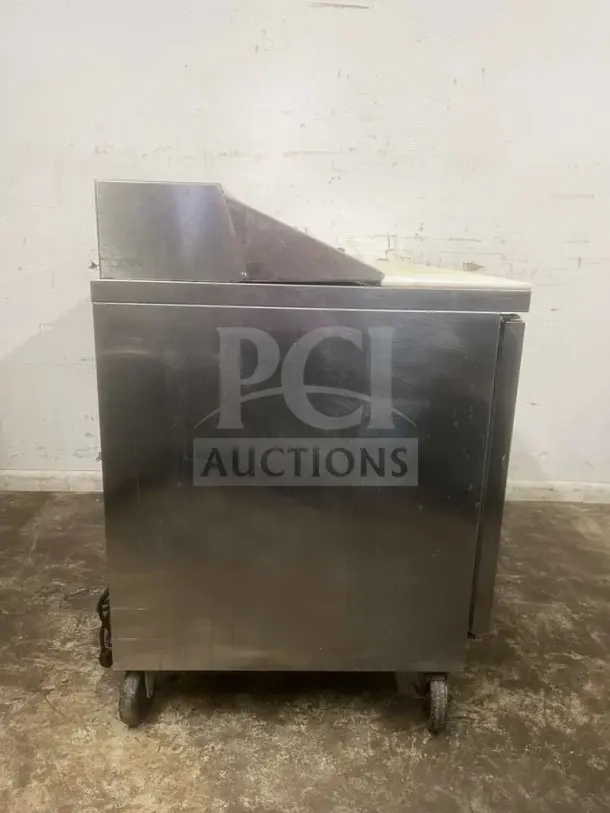 Beverage-Air 48" 2 Door Sandwich Prep Table, stainless steel, model PREP TABLE, on wheels, shows light wear.