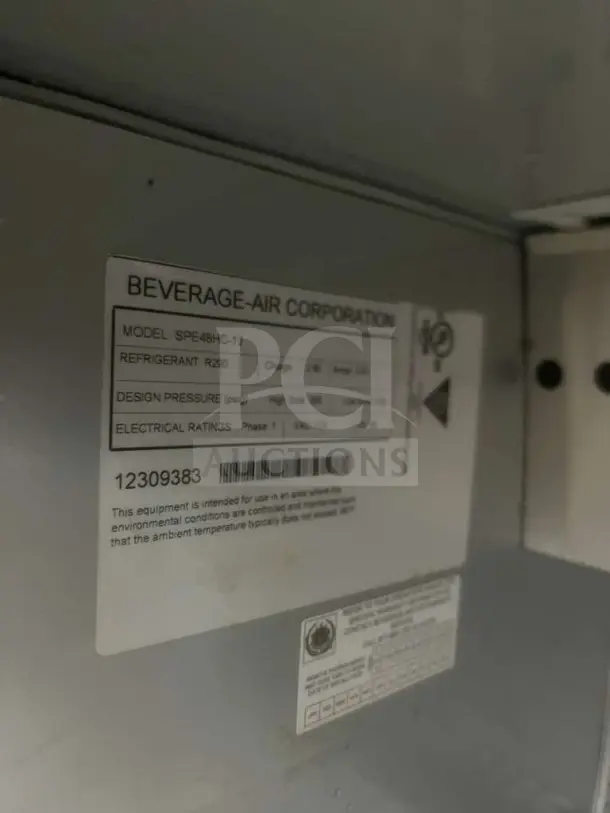 Beverage-Air 48" 2 Door Sandwich Prep Table label, Model SPE48HC-12, indicates refrigerant R290, Phase 1 voltage 115.