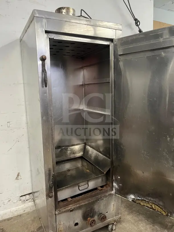 Universal Smoker Stainless Steel Oven, model SMOKER, 78", with galvanized interior, 3 burners, visible wear, open door view.