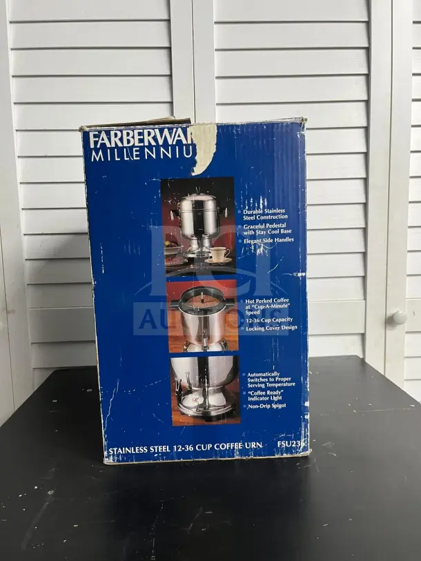 BRAND NEW Farberware FSU236 stainless steel electric urn, 12-36 cup capacity, in original box with product images and features.