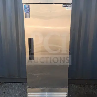 Dukers D28R 27.5" reach-in refrigerator, right hinge door, 115v, stainless steel finish, warranty label visible.