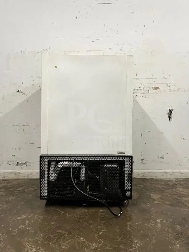 White countertop display ice cream freezer with glass door, model DISPLAY, in excellent condition. Visible cooling unit at base.