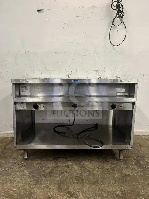 RANDELL 3513-120 48" electric hot food table, stainless steel, three top openings, good condition, visible controls.