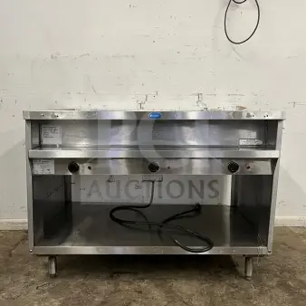 RANDELL 3513-120 48" electric hot food table, stainless steel, three top openings, good condition, visible controls.