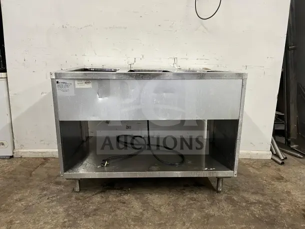 RANDELL 3513-120 48" electric hot food table with three top openings. Visible label, stainless steel, used condition.