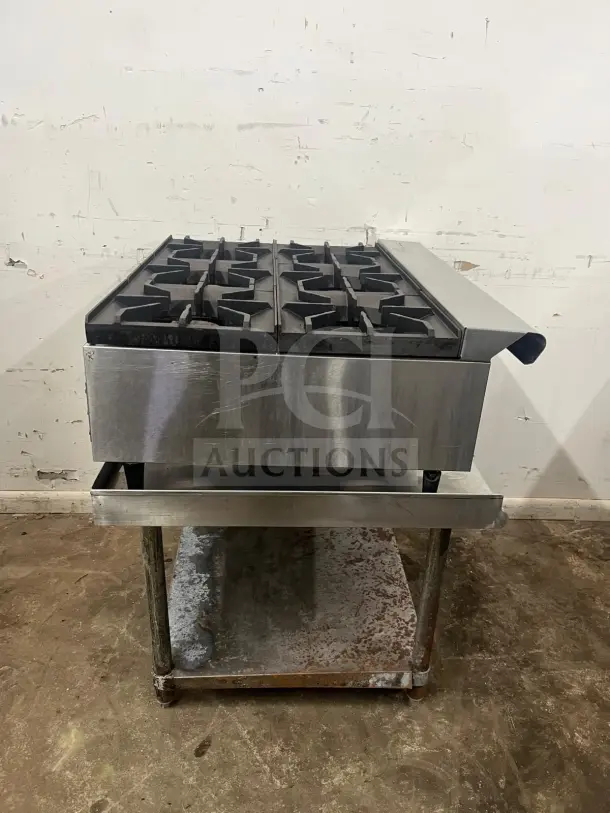 AMERICAN RANGE ARHP-36-6 heavy-duty thermostatic griddle with 6 burners, 36" wide, 3/4" thick plate, on wheeled stand.