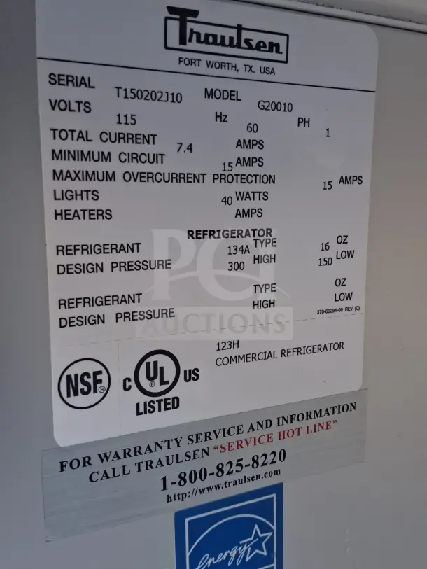 Traulsen G20010 52" solid door reach-in refrigerator tag, details serial T150202J10, volts 115, NSF and UL listed.