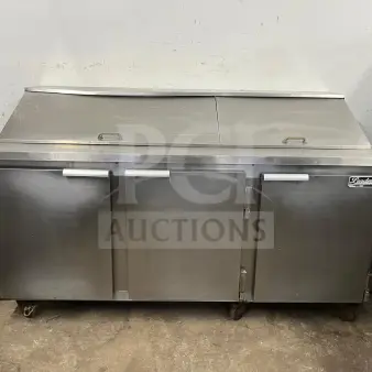 LEADER NSFM72 72" 3-door mega top bain marie refrigerated prep table, stainless steel, with handles and LEADER logo.