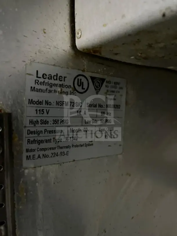 LEADER NSFM72 label showing model, voltage, serial number, design pressure, and manufacture year.