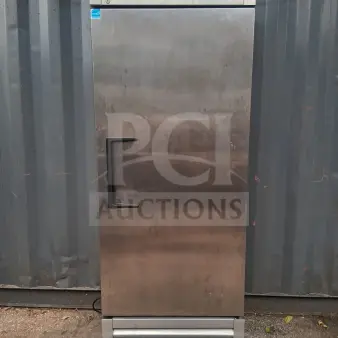 True T-23-HC 27" Solid Door Reach-In Refrigerator; stainless steel, single door, used, casters, True logo visible.