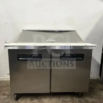 Blue Air BLMT48-HC 48" refrigerated sandwich prep table, two swing doors, stainless steel, 13.1 Cu. Ft., used condition.