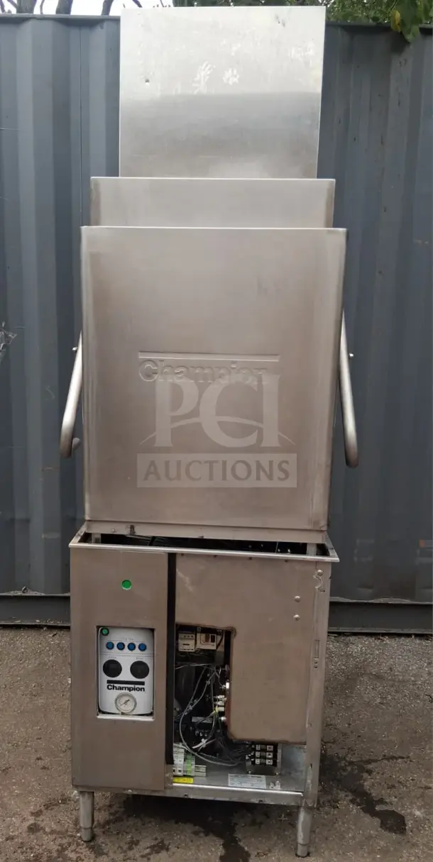 Champion DH5000T door-type tall hood dishwasher, stainless steel, high temp, visible controls, good condition.
