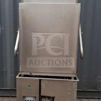 Champion DH5000T door-type tall hood dishwasher, stainless steel, high temp, visible controls, good condition.