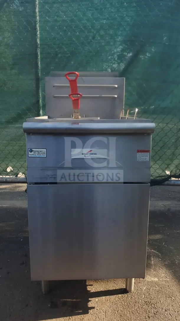 Rocket Cooking 40 lb Capacity Commercial Gas Floor Fryer in stainless steel. Features front control panel, brand label, and warning stickers.